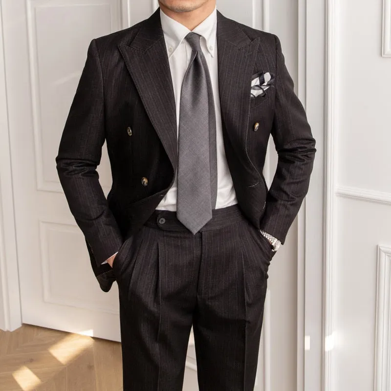 Men's England-Style Double-Breasted Skinny Pin Stripe Two-Piece Suit