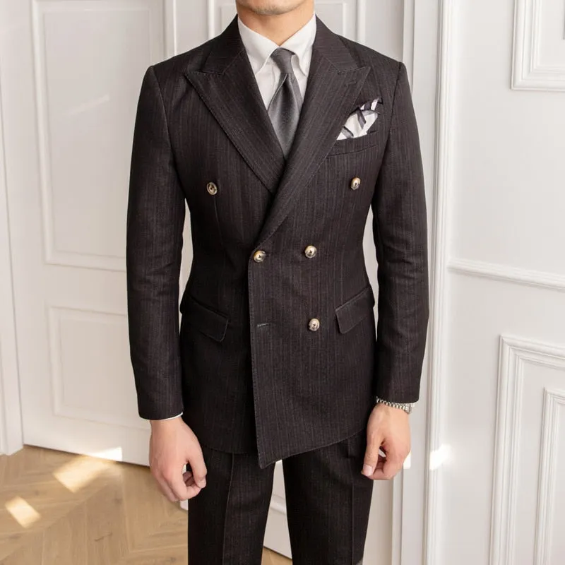 Men's England-Style Double-Breasted Skinny Pin Stripe Two-Piece Suit