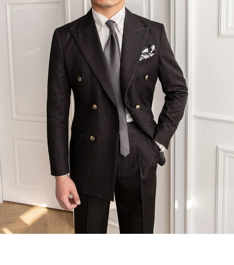 Men's England-Style Double-Breasted Skinny Pin Stripe Two-Piece Suit