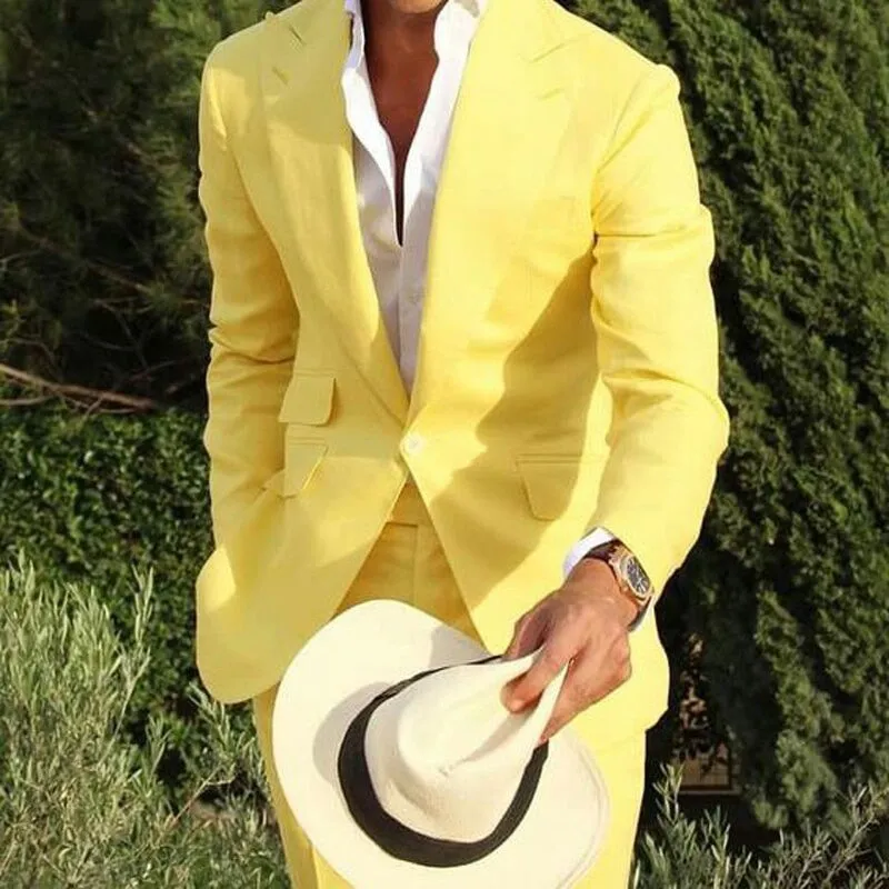 Men's Fashion Yellow Linen Beach Slim Fit Tuxedo Blazer with Pants Suits