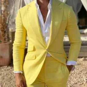 Men's Fashion Yellow Linen Beach Slim Fit Tuxedo Blazer with Pants Suits