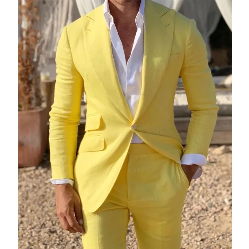 Men's Fashion Yellow Linen Beach Slim Fit Tuxedo Blazer with Pants Suits