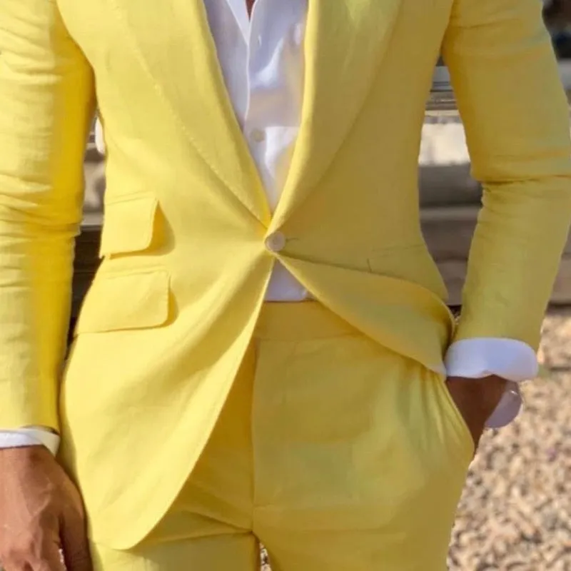 Men's Fashion Yellow Linen Beach Slim Fit Tuxedo Blazer with Pants Suits