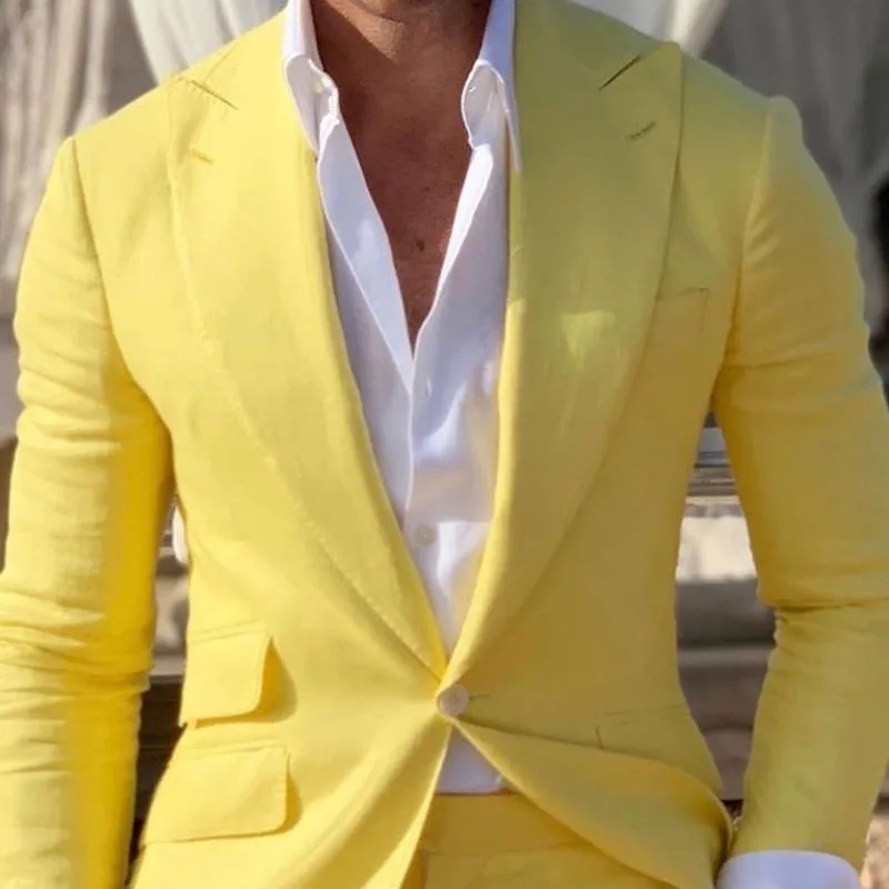 Men's Fashion Yellow Linen Beach Slim Fit Tuxedo Blazer with Pants Suits