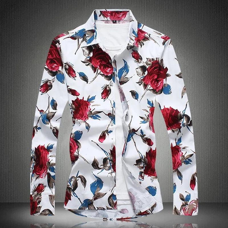 Men's Flower Print Casual Hawaii Fashion Loose Long Sleeve Shirt