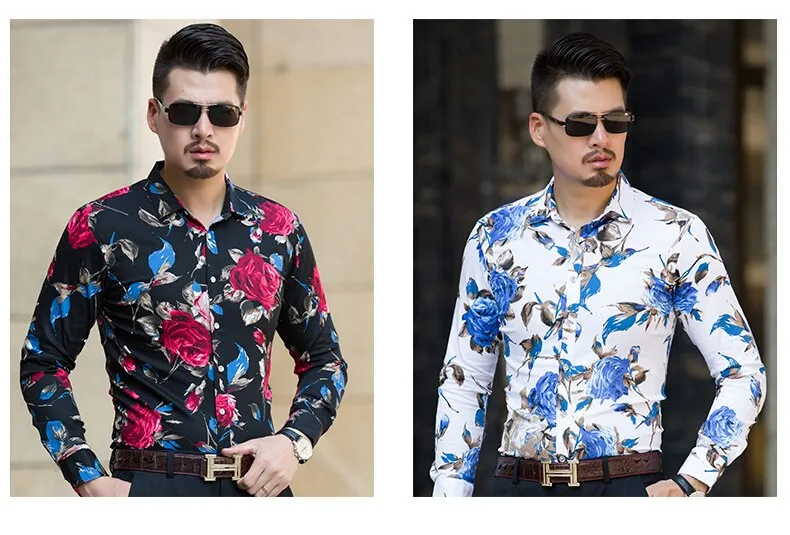 Men's Flower Print Casual Hawaii Fashion Loose Long Sleeve Shirt