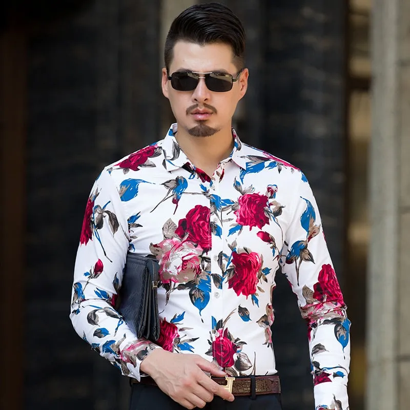 Men's Flower Print Casual Hawaii Fashion Loose Long Sleeve Shirt