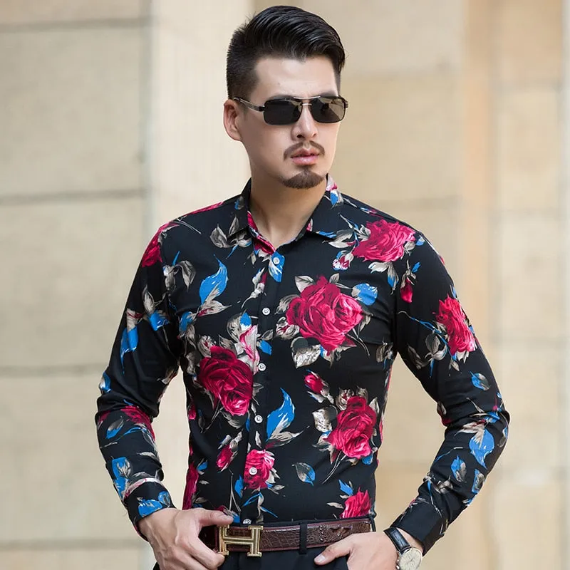 Men's Flower Print Casual Hawaii Fashion Loose Long Sleeve Shirt