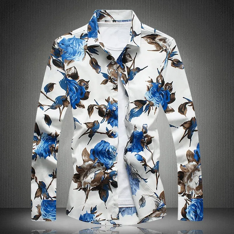 Men's Flower Print Casual Hawaii Fashion Loose Long Sleeve Shirt