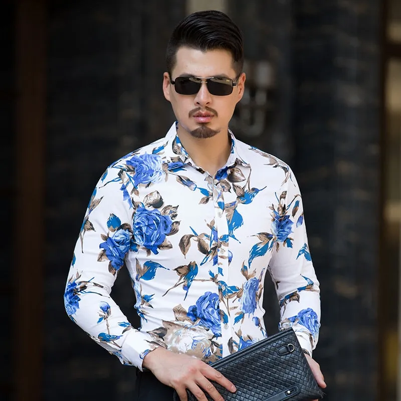 Men's Flower Print Casual Hawaii Fashion Loose Long Sleeve Shirt