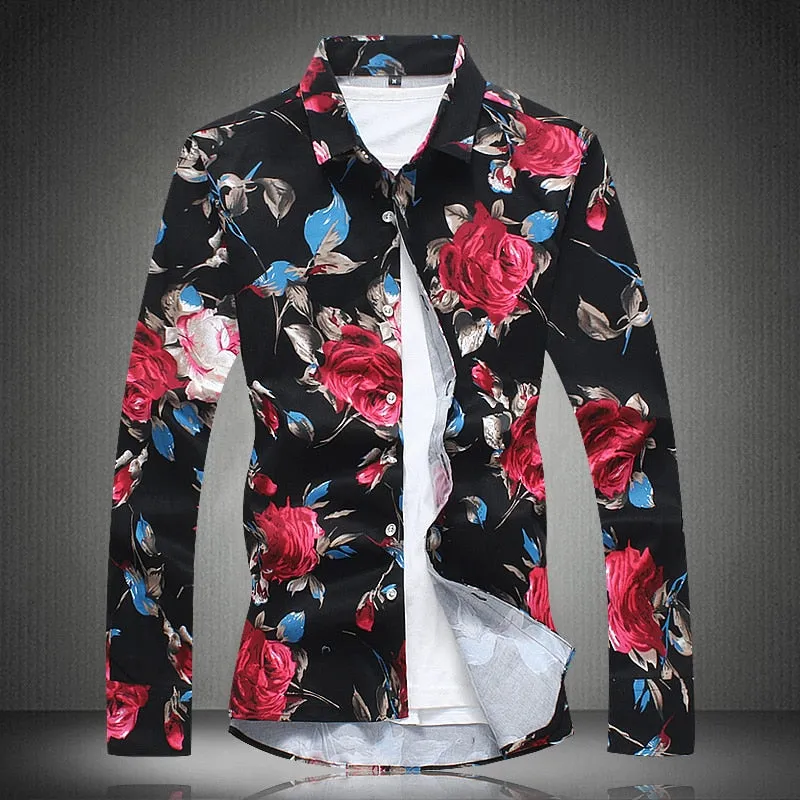 Men's Flower Print Casual Hawaii Fashion Loose Long Sleeve Shirt