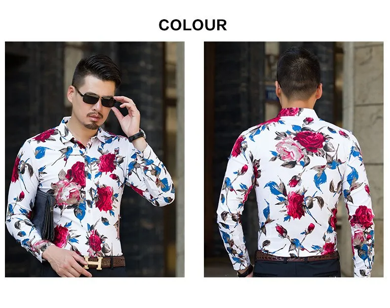 Men's Flower Print Casual Hawaii Fashion Loose Long Sleeve Shirt