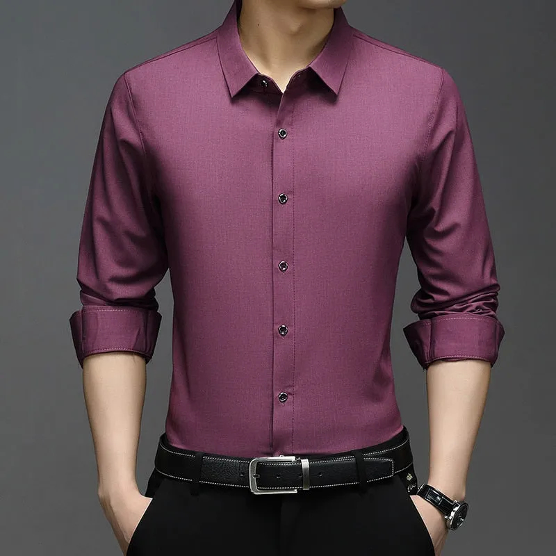 Men's Korean Fashion Solid Square Collar Long Sleeve Casual Shirt