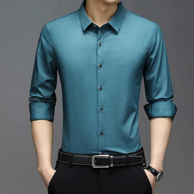 Men's Korean Fashion Solid Square Collar Long Sleeve Casual Shirt