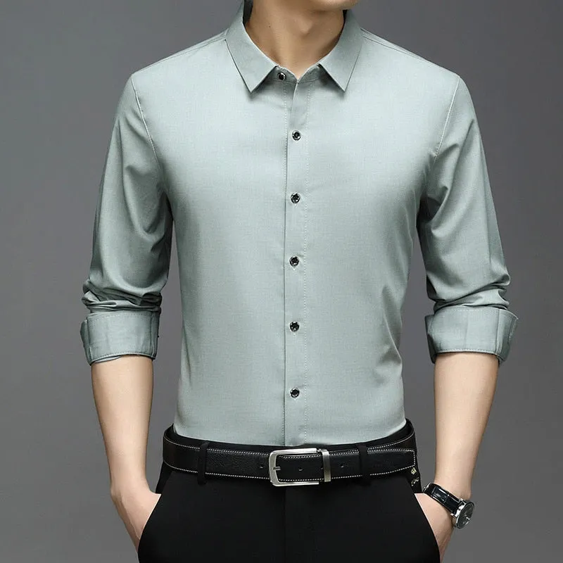 Men's Korean Fashion Solid Square Collar Long Sleeve Casual Shirt