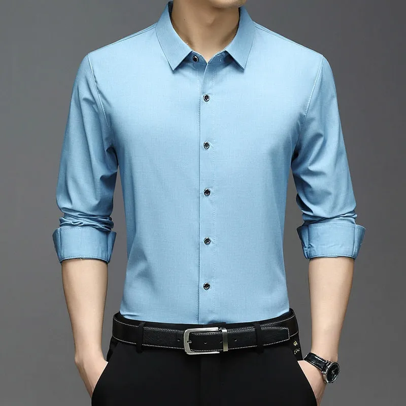 Men's Korean Fashion Solid Square Collar Long Sleeve Casual Shirt