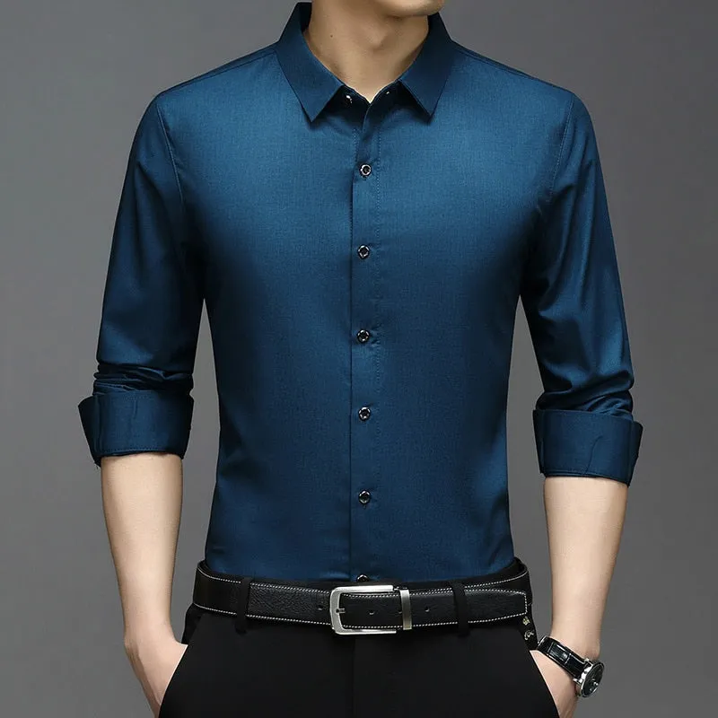 Men's Korean Fashion Solid Square Collar Long Sleeve Casual Shirt