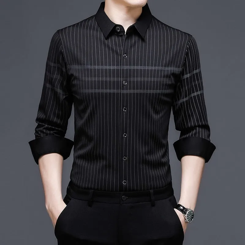 Men's Korean Fashion Striped Square Collar Long Sleeve Casual Shirt