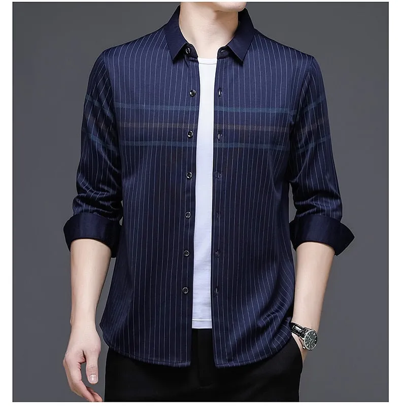 Men's Korean Fashion Striped Square Collar Long Sleeve Casual Shirt