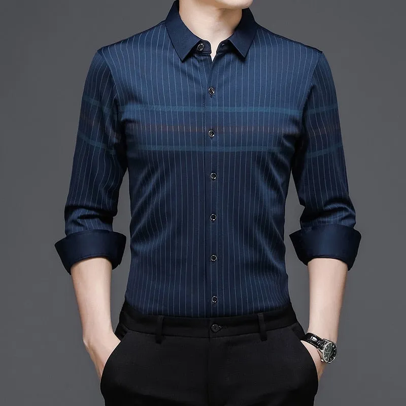 Men's Korean Fashion Striped Square Collar Long Sleeve Casual Shirt