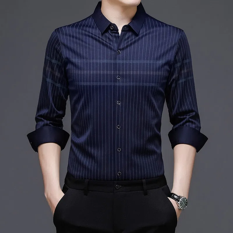 Men's Korean Fashion Striped Square Collar Long Sleeve Casual Shirt