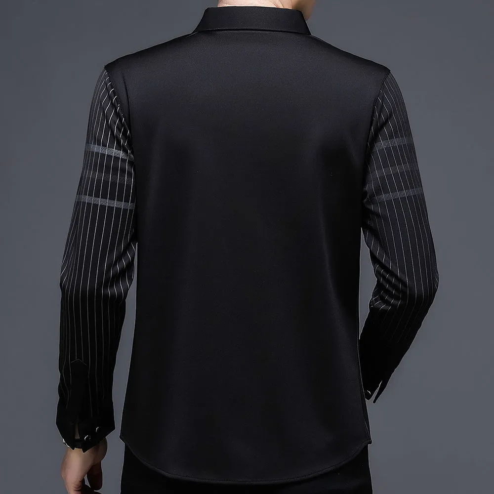 Men's Korean Fashion Striped Square Collar Long Sleeve Casual Shirt