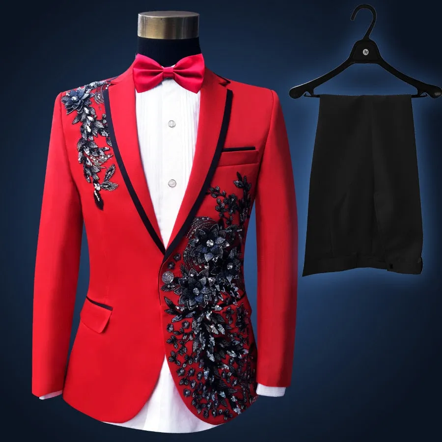 Men's Polyester England Style Beaded Tuxedo Skinny Fit Two-Piece Suit