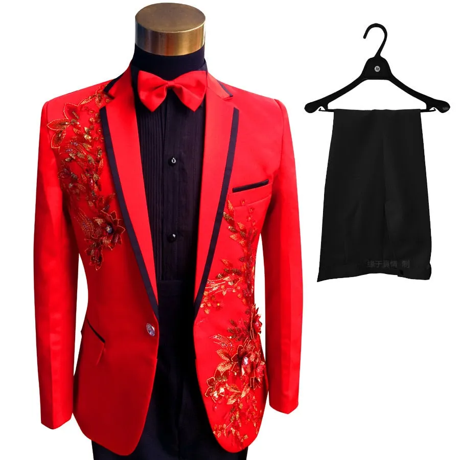 Men's Polyester Red Beaded Slim Fit Tuxedo Jacket Pants Two-Piece Suit