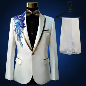 Men's Polyester White Slim Fit Beaded Tuxedo Jacket Pants Two-Piece Suit