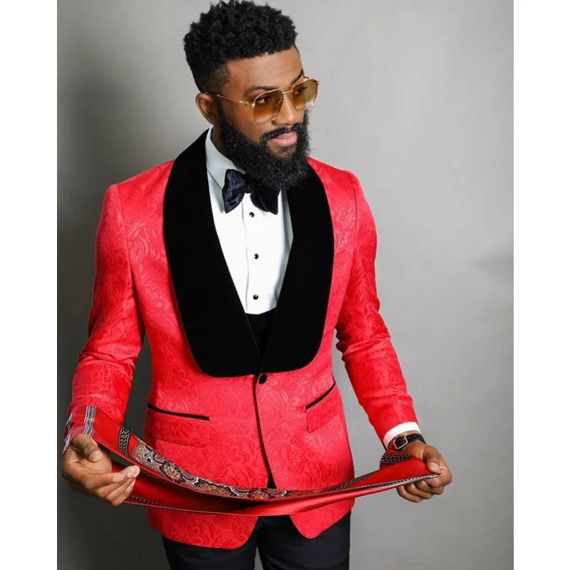 Men's Red Black Formal Tuxedo Slim Fit Blazer Vest Pants Three-Piece Suit