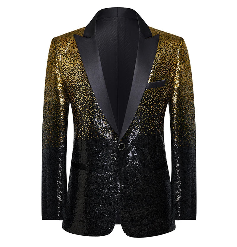 Men's Shiny Sequin Peak Collar Single Button Wedding Party Tuxedo Blazer