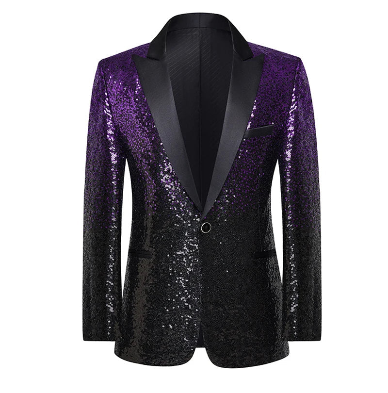 Men's Shiny Sequin Peak Collar Single Button Wedding Party Tuxedo Blazer