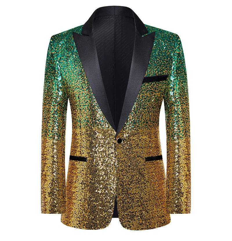 Men's Shiny Sequin Peak Collar Single Button Wedding Party Tuxedo Blazer