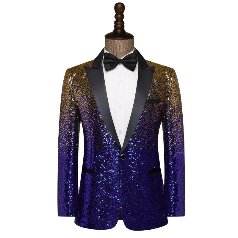 Men's Shiny Sequin Peak Collar Single Button Wedding Party Tuxedo Blazer