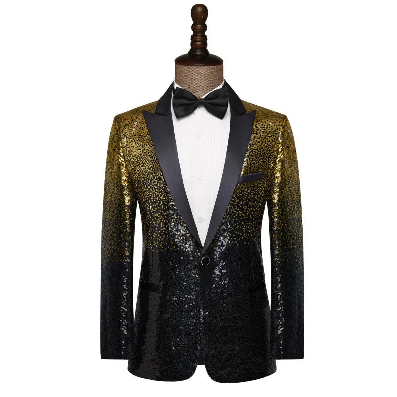 Men's Shiny Sequin Peak Collar Single Button Wedding Party Tuxedo Blazer