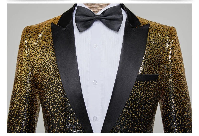 Men's Shiny Sequin Peak Collar Single Button Wedding Party Tuxedo Blazer