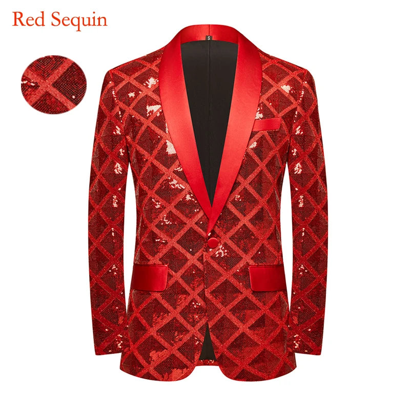 Men's Shiny Square Sequin One Button Shawl Collar Party Tuxedo Blazer