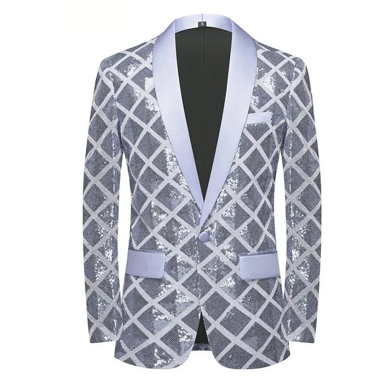 Men's Shiny Square Sequin One Button Shawl Collar Party Tuxedo Blazer