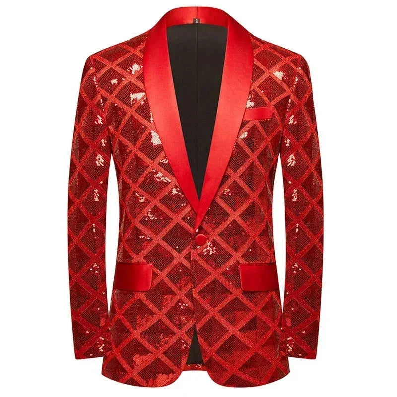 Men's Shiny Square Sequin One Button Shawl Collar Party Tuxedo Blazer