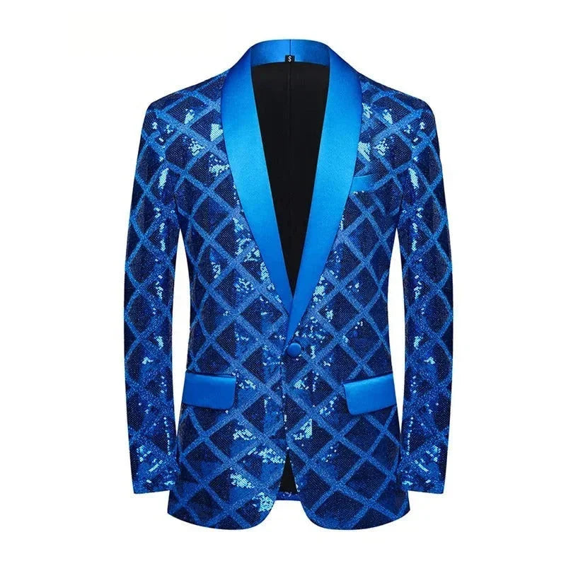 Men's Shiny Square Sequin One Button Shawl Collar Party Tuxedo Blazer