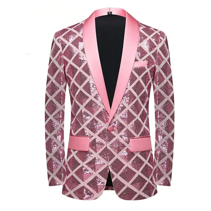 Men's Shiny Square Sequin One Button Shawl Collar Party Tuxedo Blazer