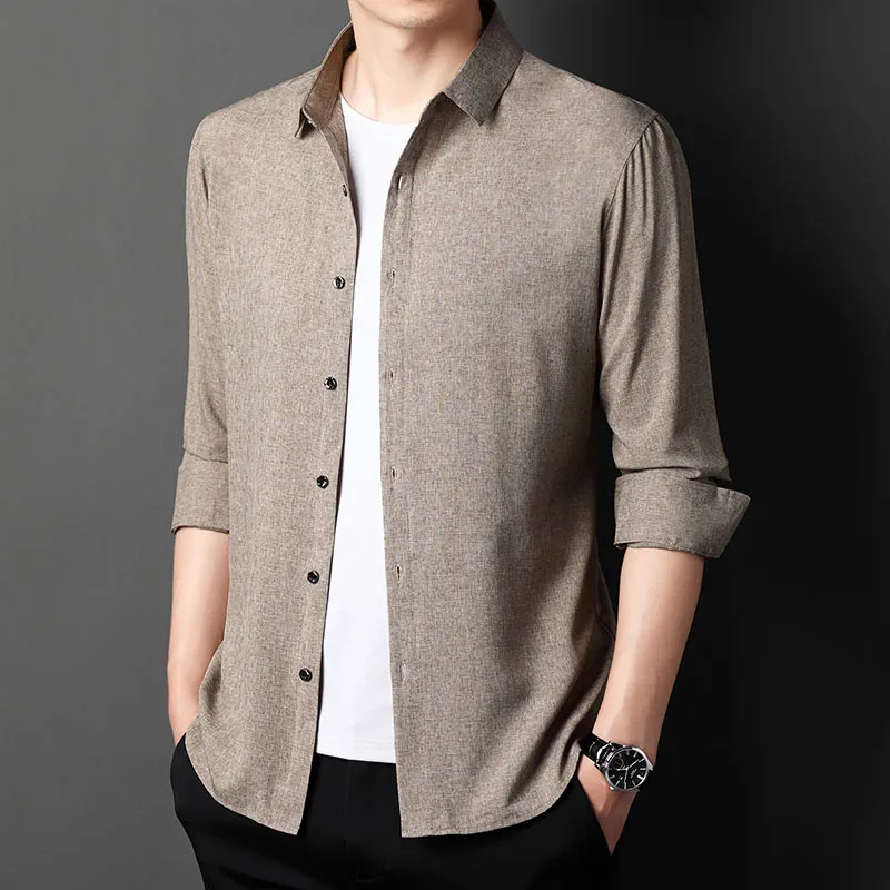 Men's Solid Korean Fashion Square Collar Long Sleeve Casual Shirt