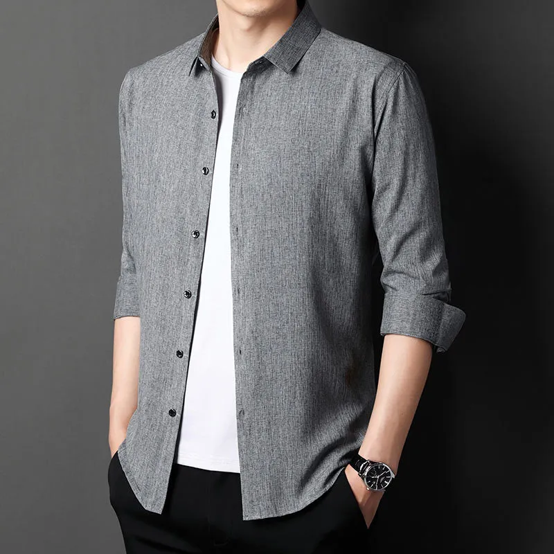 Men's Solid Korean Fashion Square Collar Long Sleeve Casual Shirt