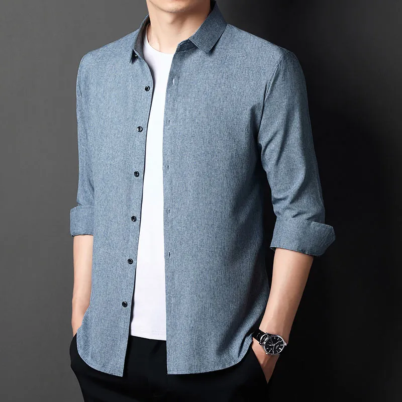 Men's Solid Korean Fashion Square Collar Long Sleeve Casual Shirt