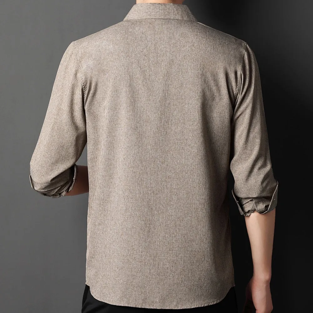 Men's Solid Korean Fashion Square Collar Long Sleeve Casual Shirt