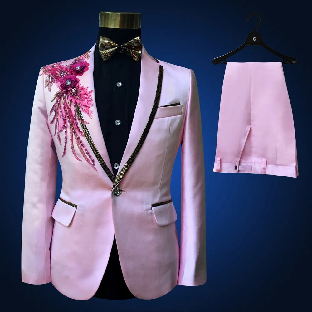 Men's Wedding and Party Pink Pants Beaded Jacket Tuxedos Two-Piece Suit