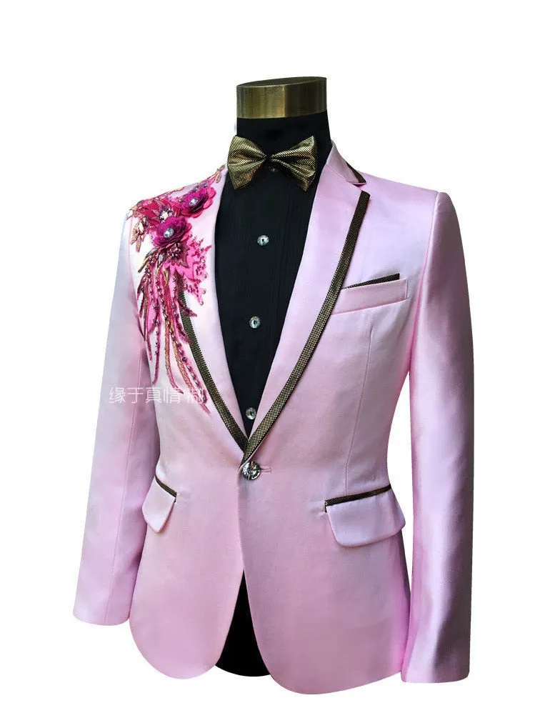 Men's Wedding and Party Pink Pants Beaded Jacket Tuxedos Two-Piece Suit