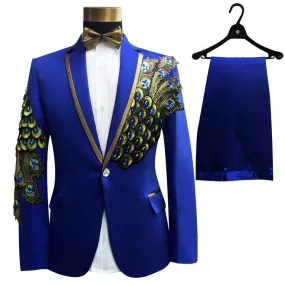 Men's Wedding Phoenix Blue Tuxedo Pants Beaded Jacket Two-Piece Suit