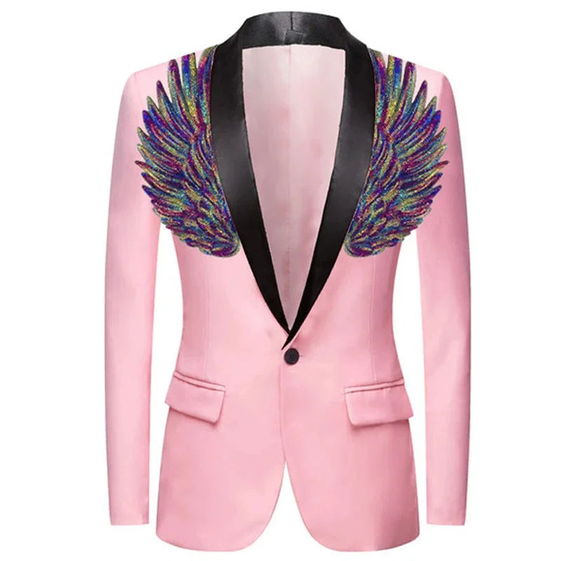 Men's Wing Sequin One Button Shawl Collar Slim Fit Wedding Party Tuxedo Blazer