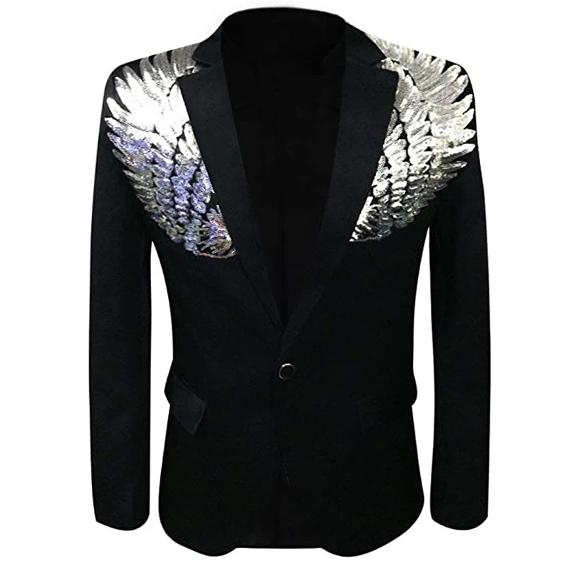 Men's Wing Sequin One Button Shawl Collar Slim Fit Wedding Party Tuxedo Blazer